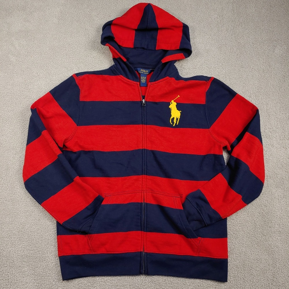 Polo Ralph Lauren Zip Hoodie - Kids XL Red Blue Striped Big Pony Yellow Logo